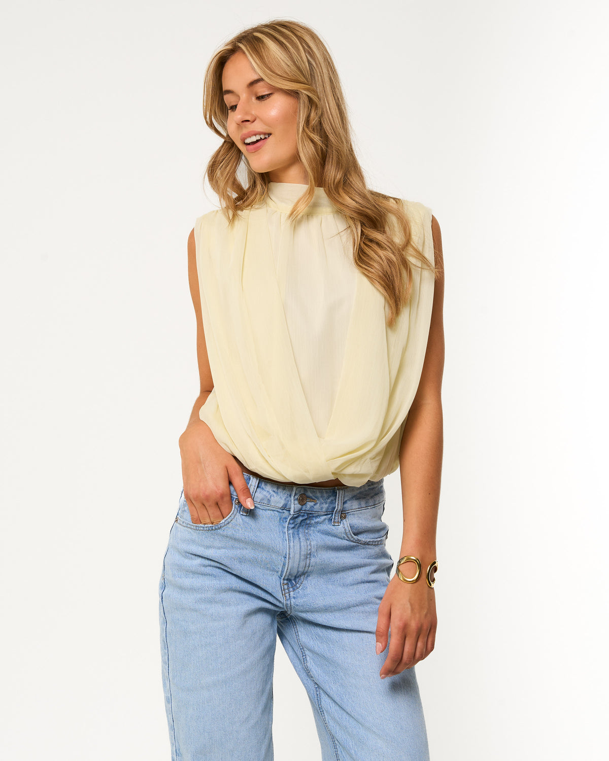 Gedrapeerde top chiffon geel