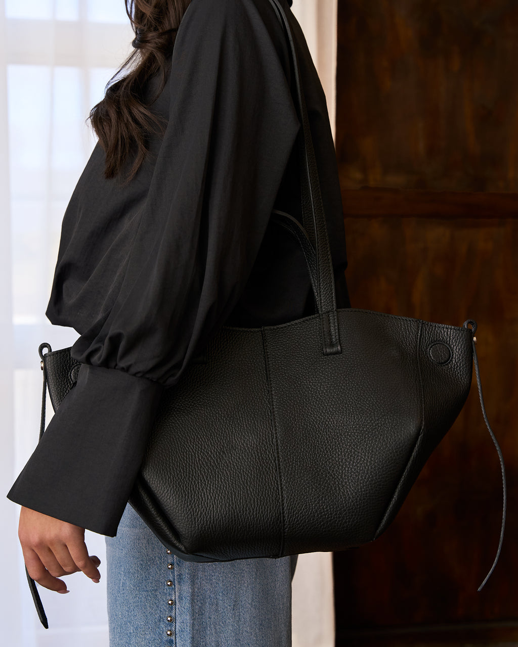 Leren shopper tas zwart