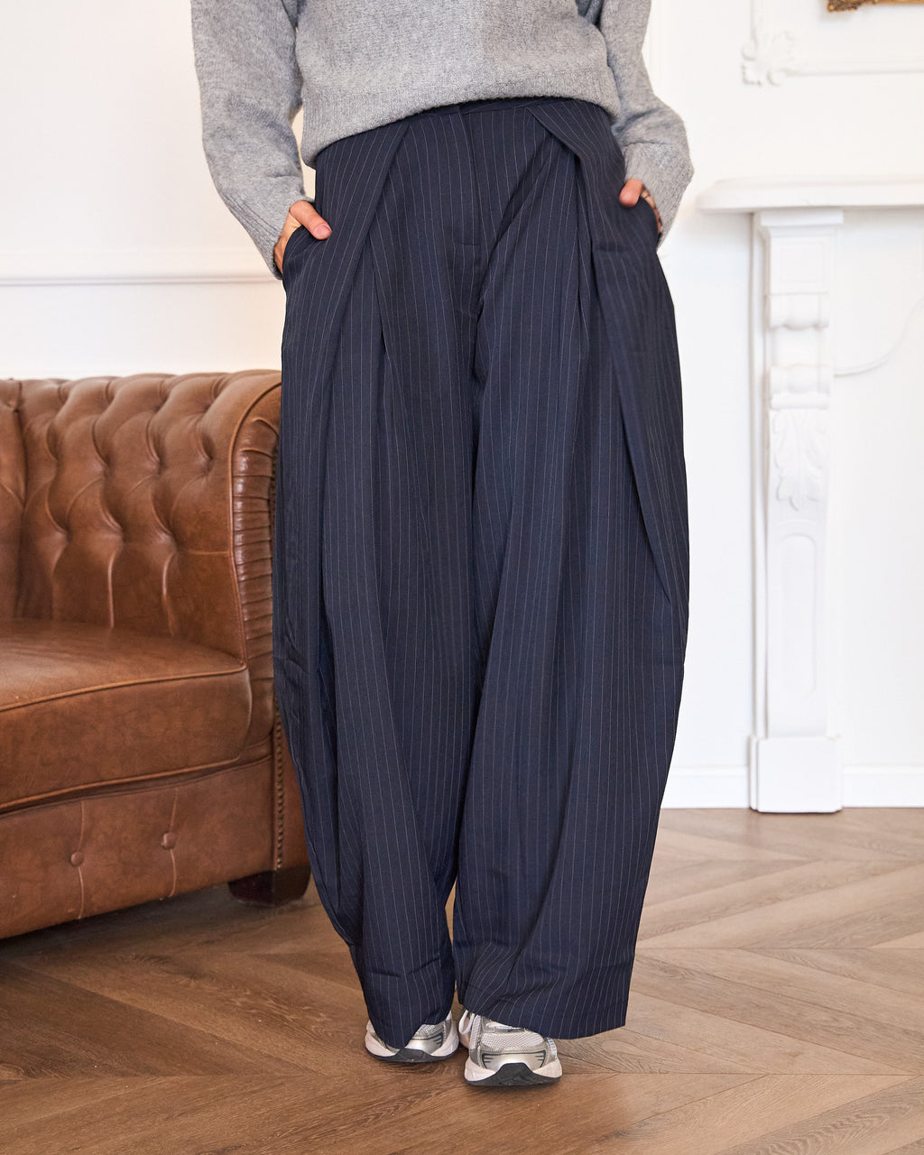 Pantalon wide leg krijtstreep donkerblauw