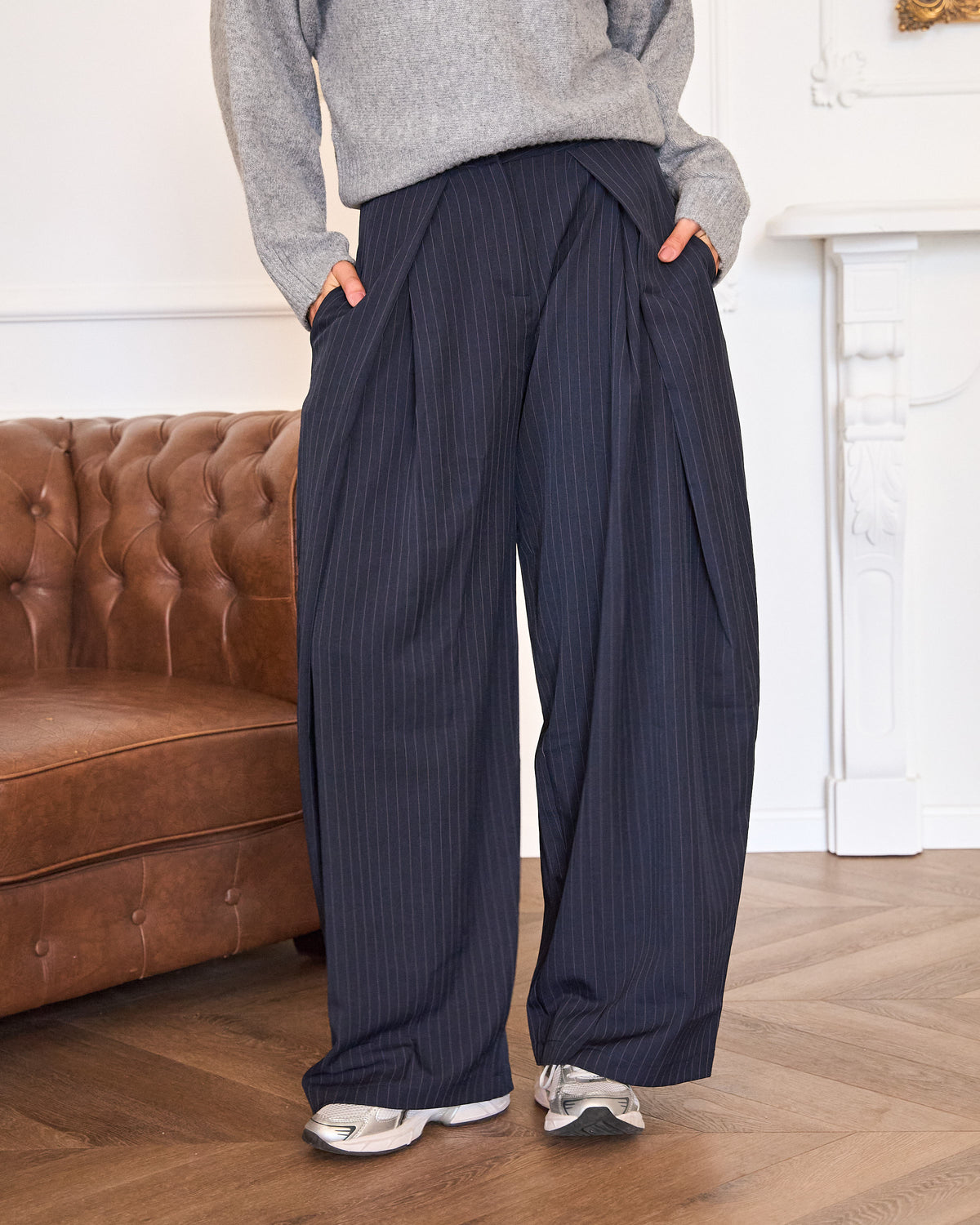 Pantalon wide leg krijtstreep donkerblauw