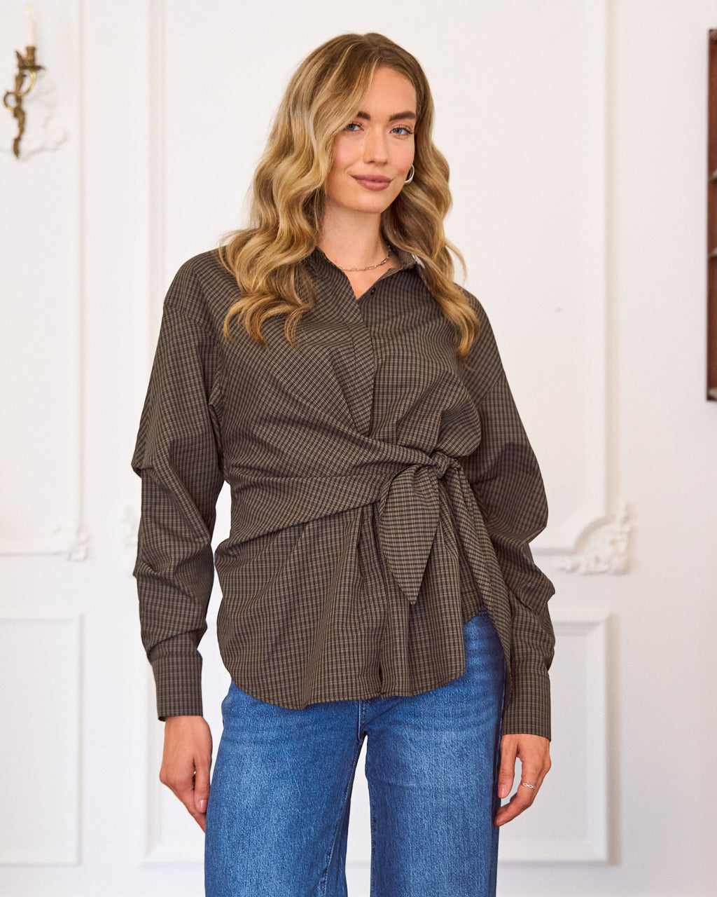 Oversized blouse met strik geruit