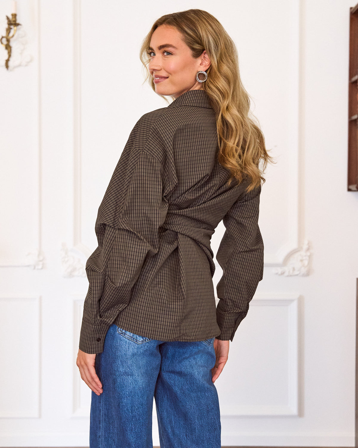 Oversized blouse met strik geruit
