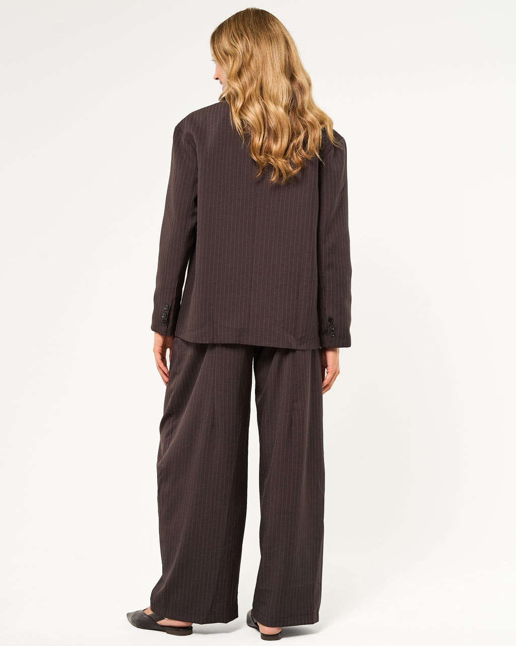 Pantalon wide leg krijtstreep donkerbruin
