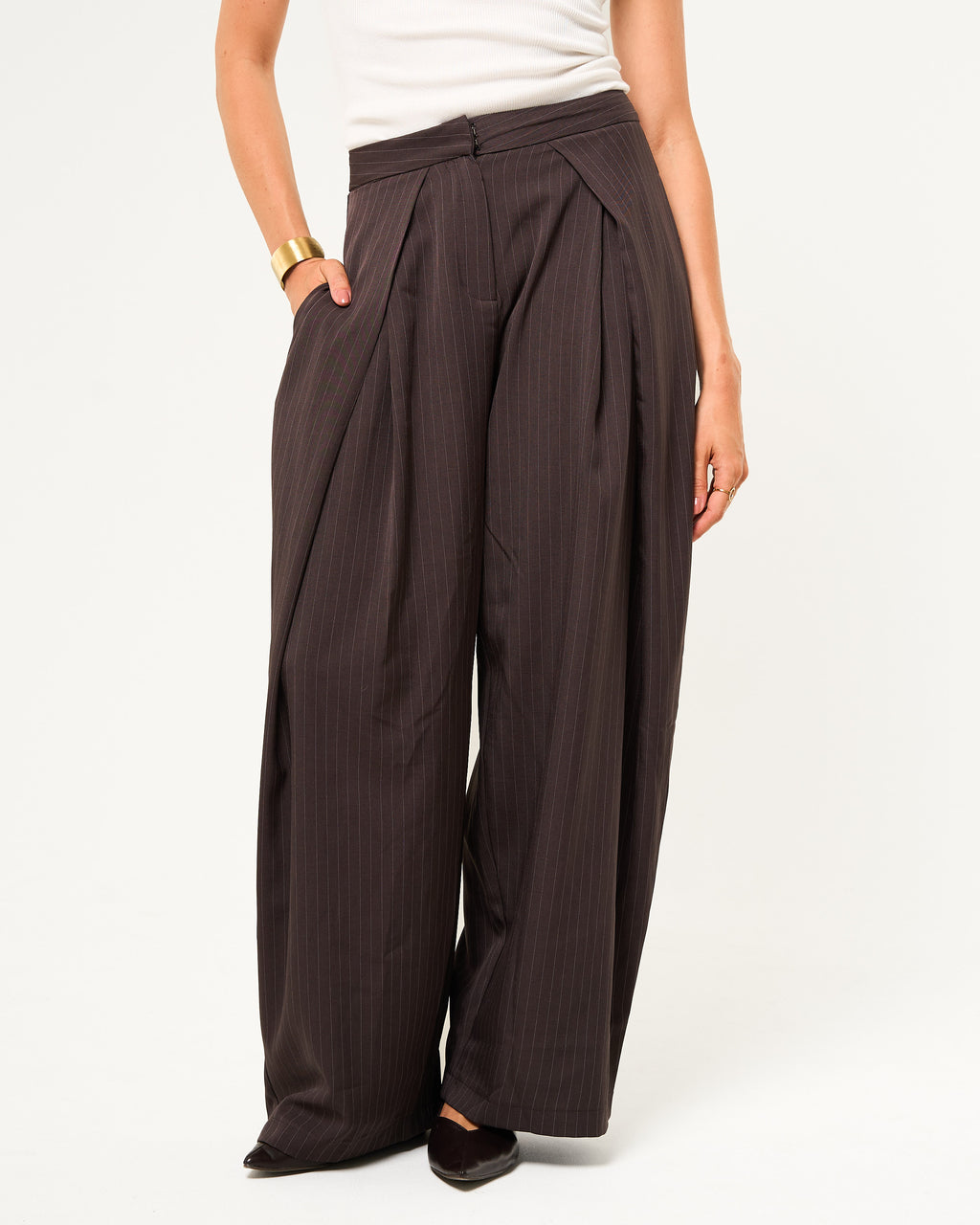 Pantalon wide leg krijtstreep donkerbruin