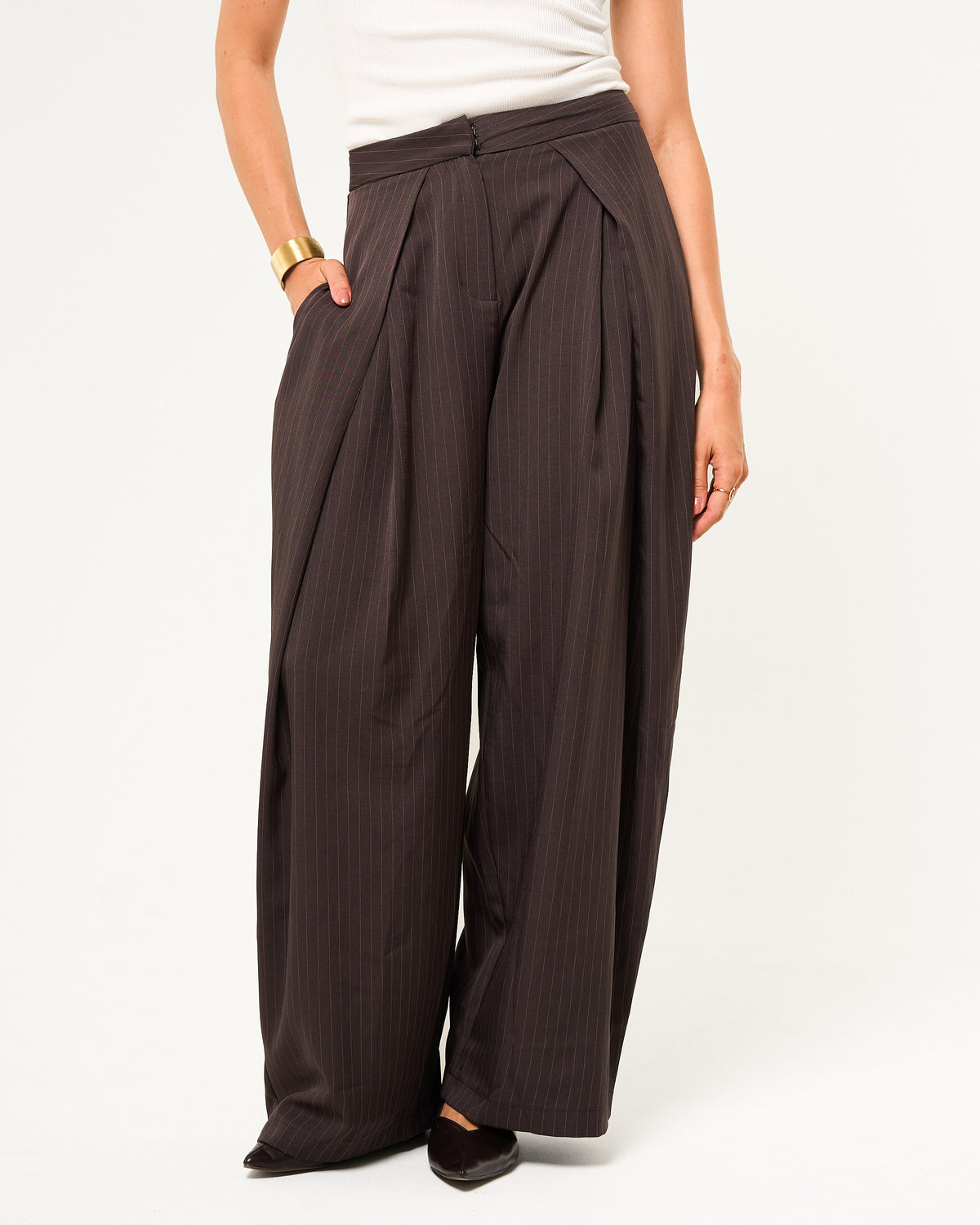 Pantalon wide leg krijtstreep donkerbruin
