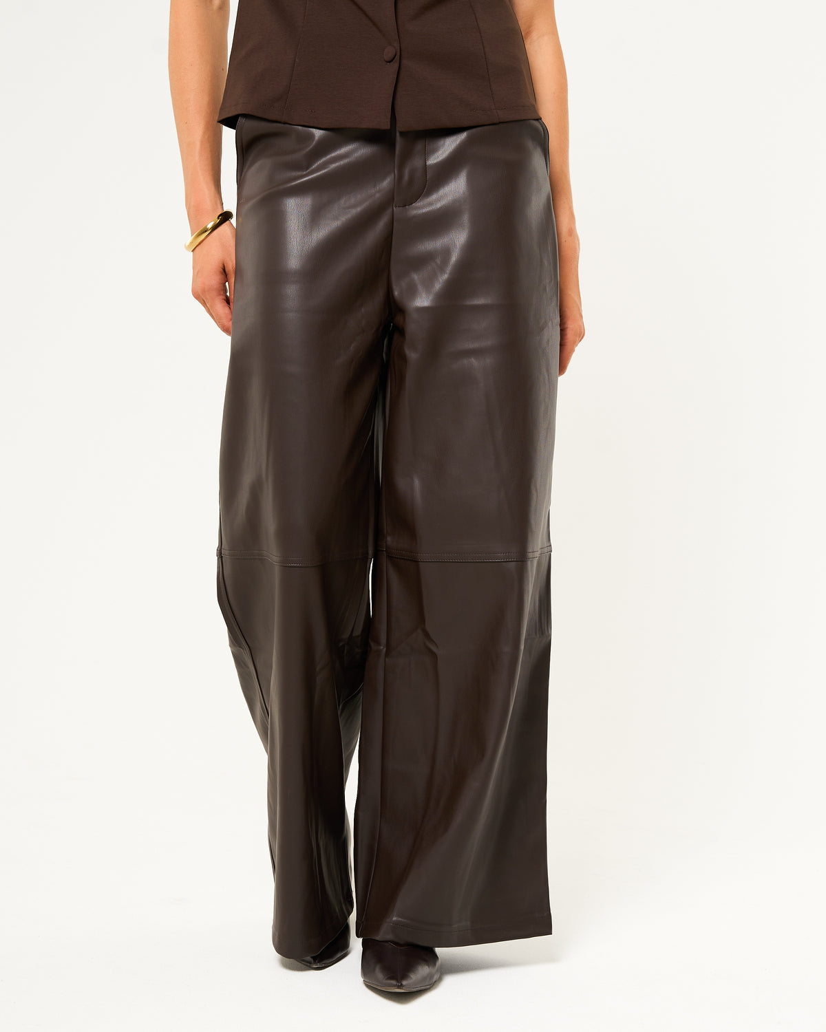 Leren broek wide leg donkerbruin