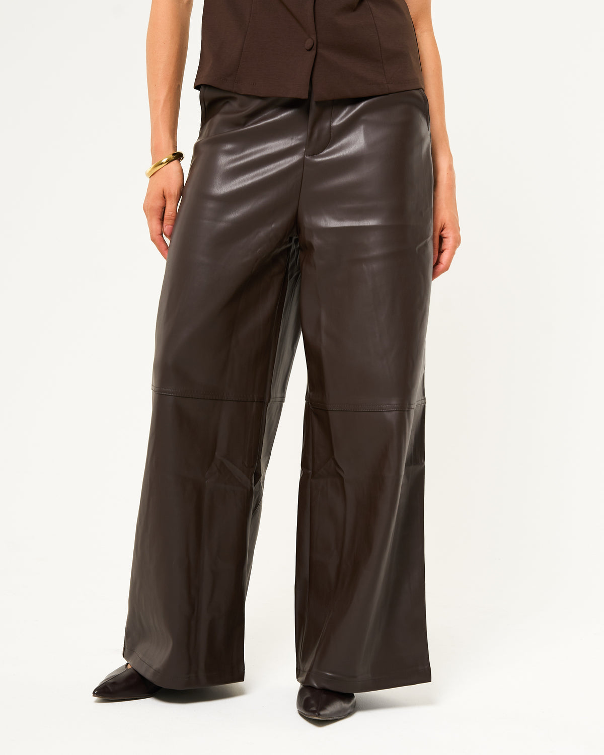 Leren broek wide leg donkerbruin