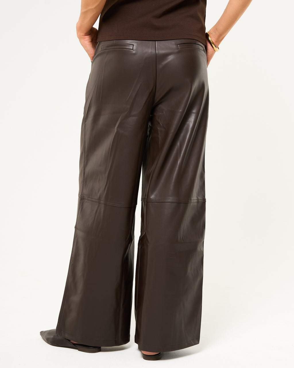 Leren broek wide leg donkerbruin
