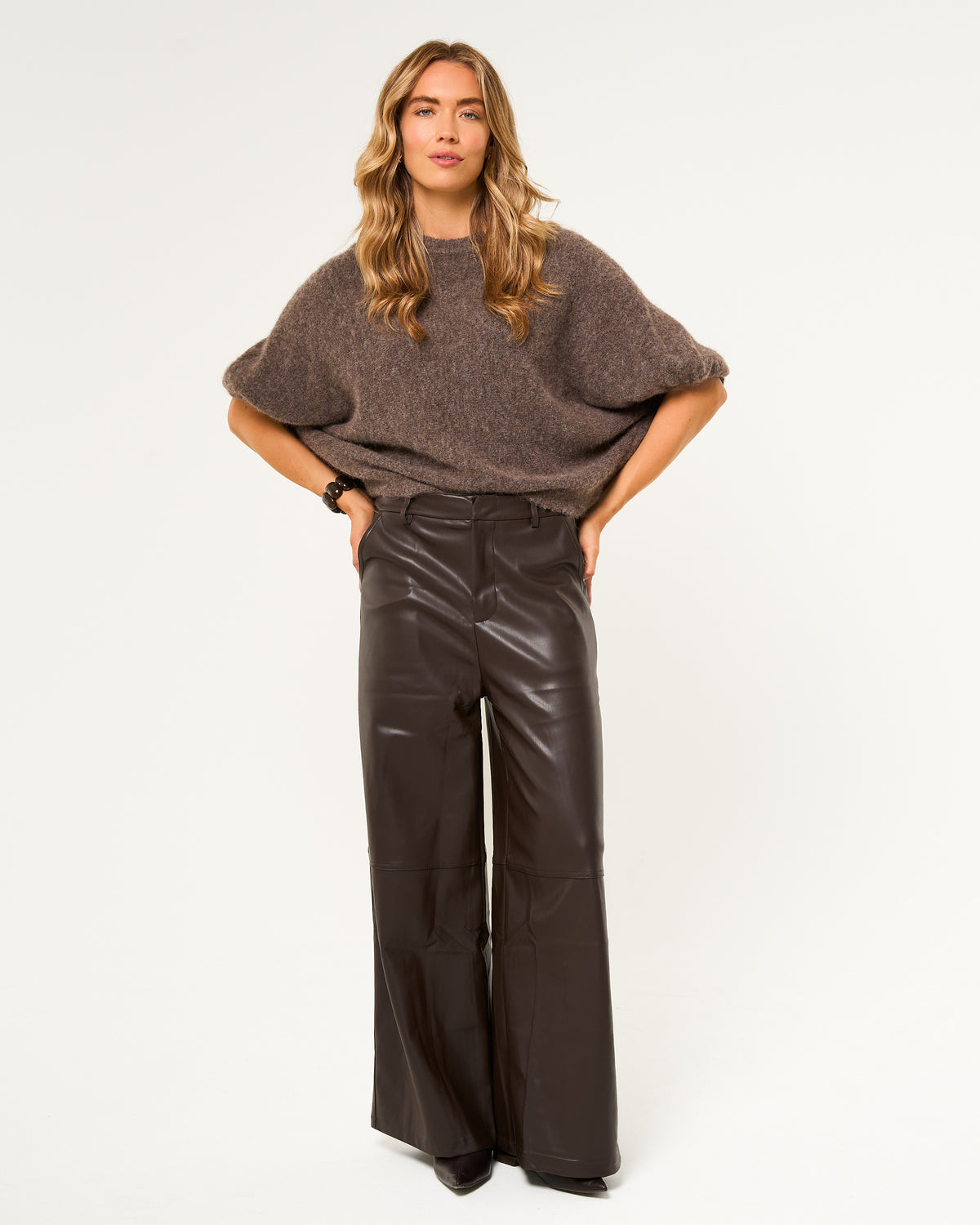 Leren broek wide leg donkerbruin