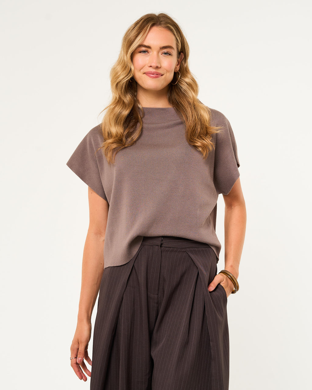 Gebreide one shoulder top taupe