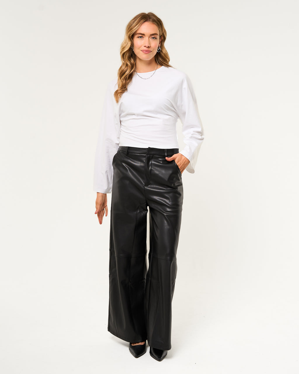 Leren broek wide leg zwart