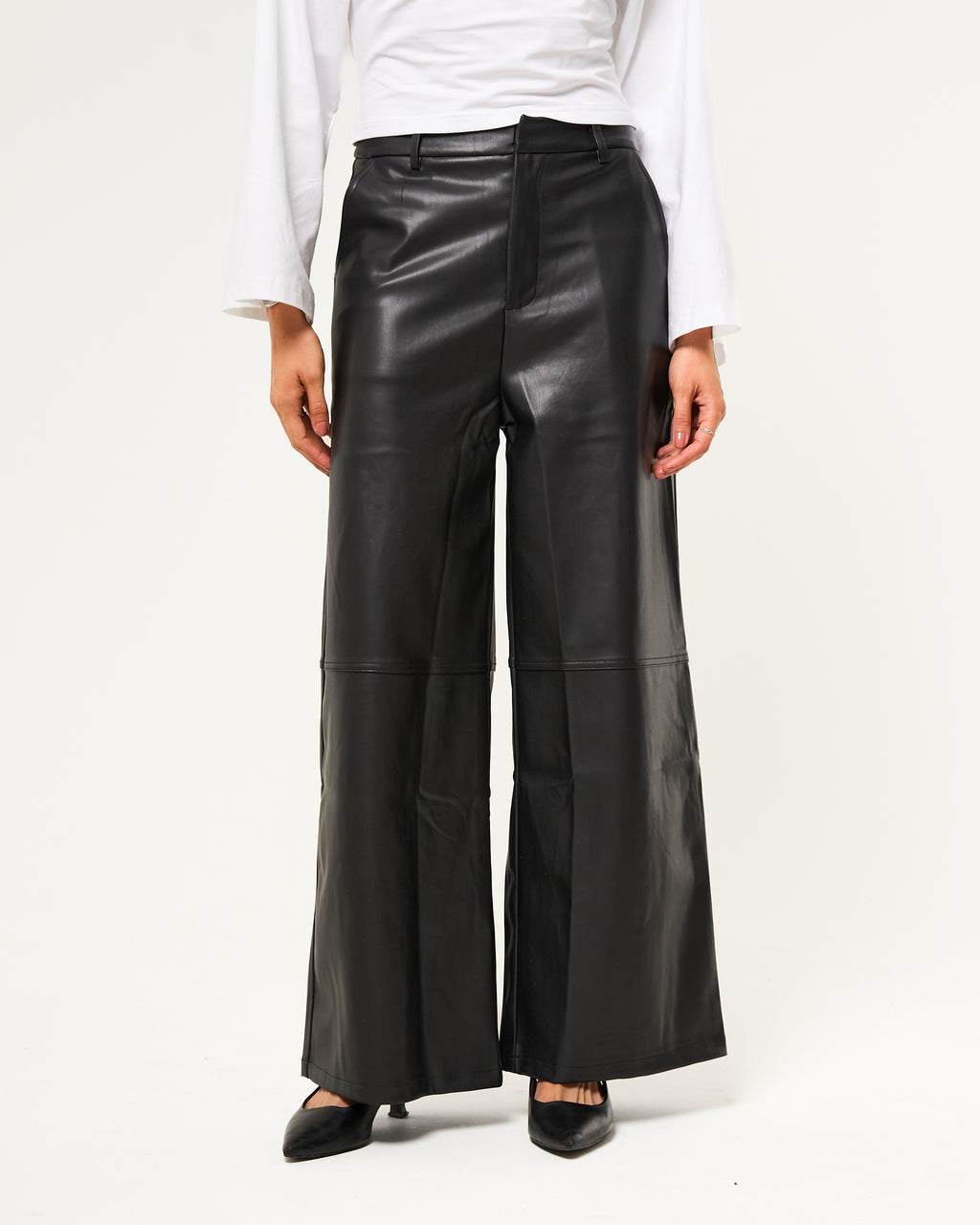 Leren broek wide leg zwart