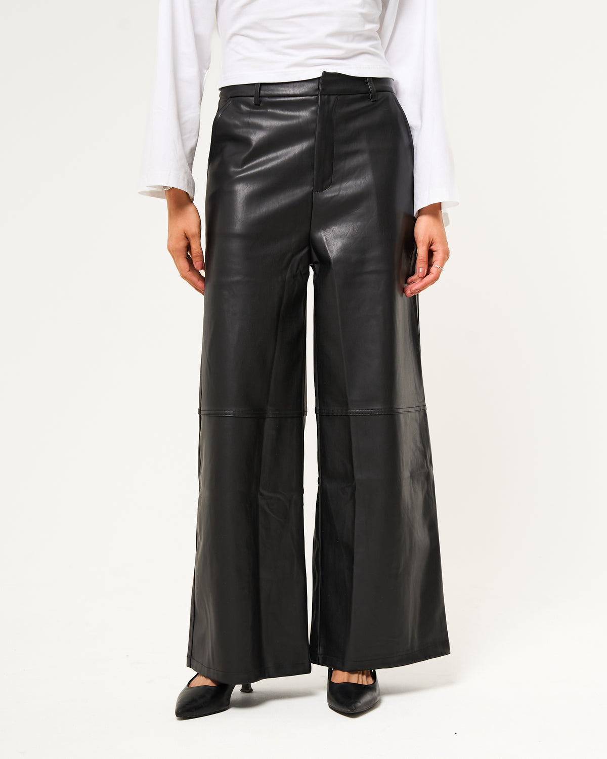 Leren broek wide leg zwart