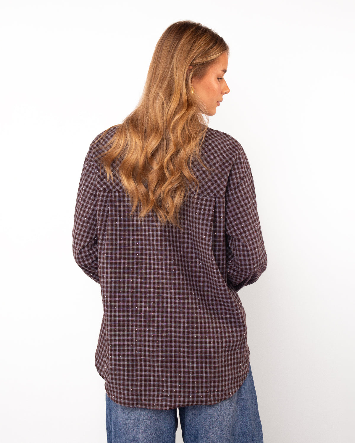 Ruitblouse met strass donkerbruin