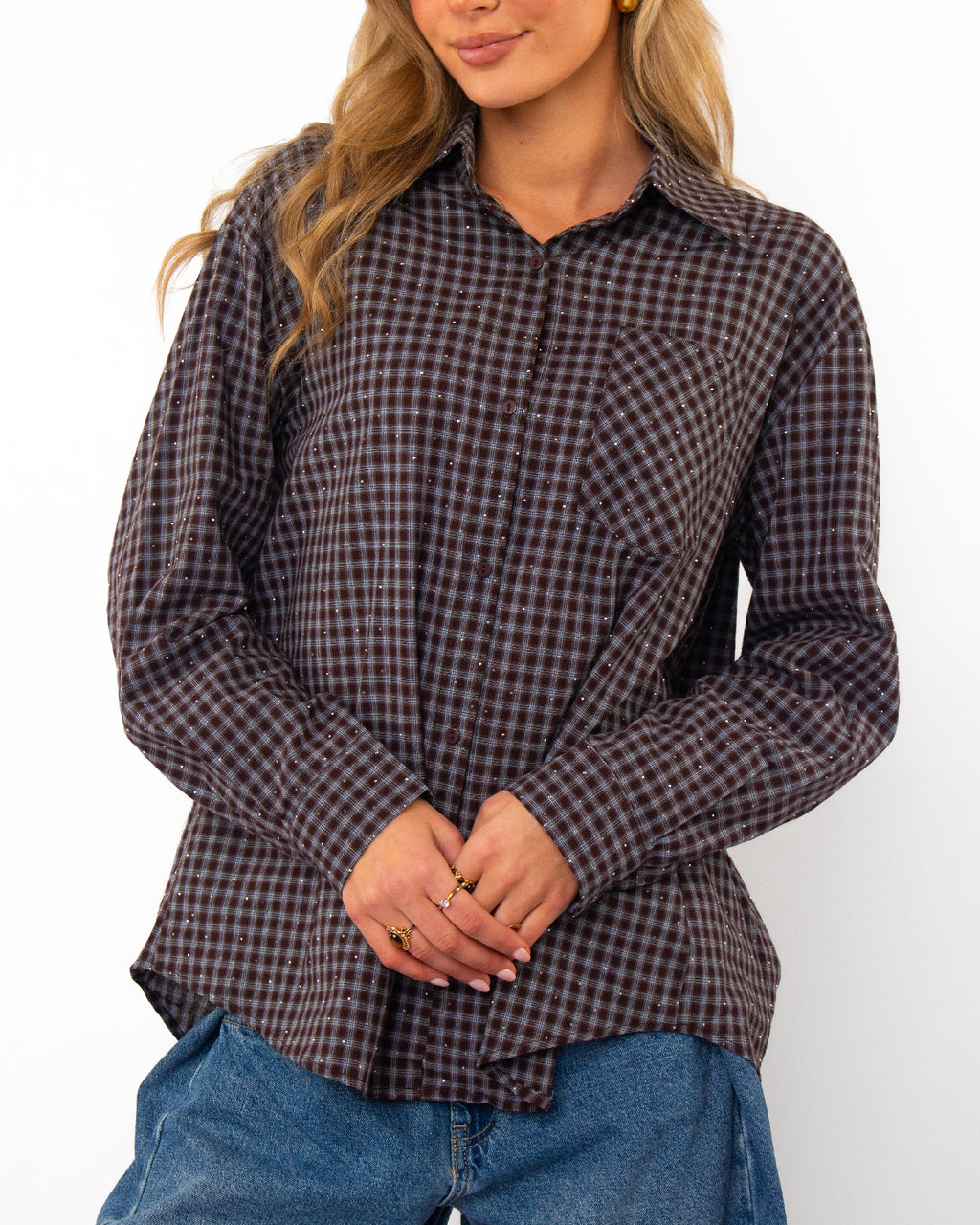Ruitblouse met strass donkerbruin
