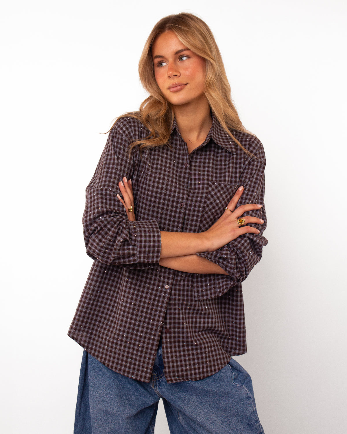 Ruitblouse met strass donkerbruin