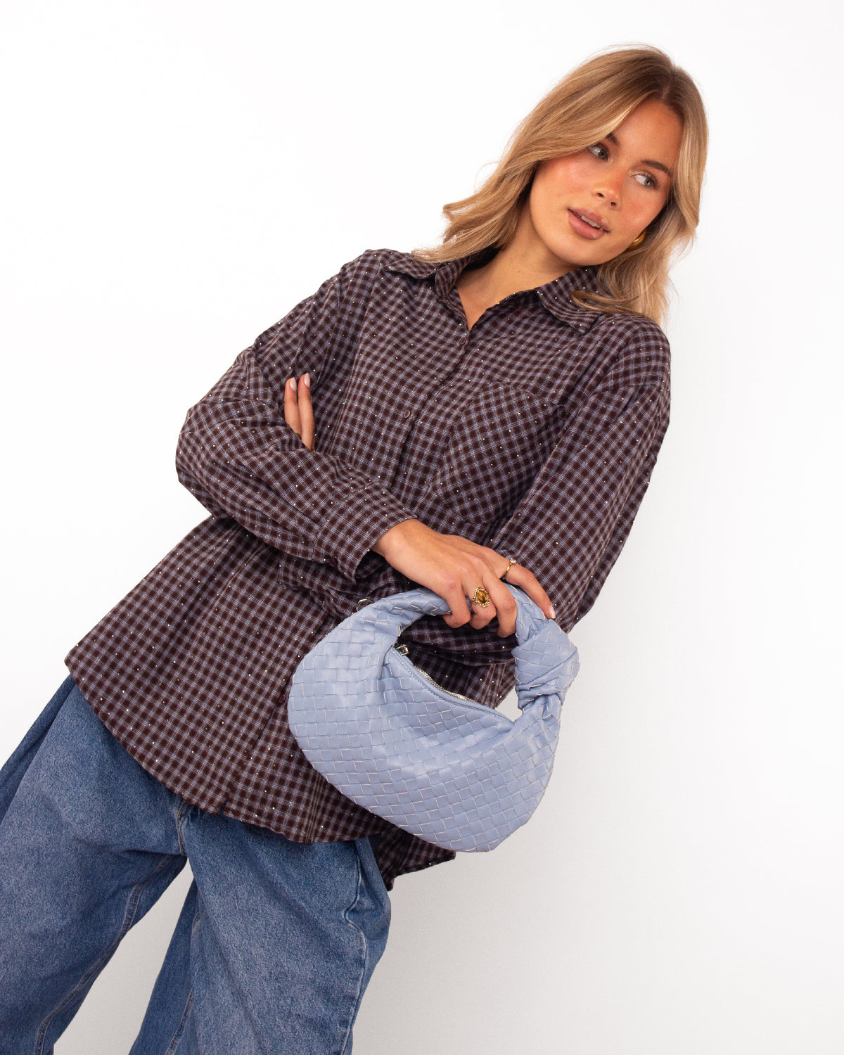 Ruitblouse met strass donkerbruin