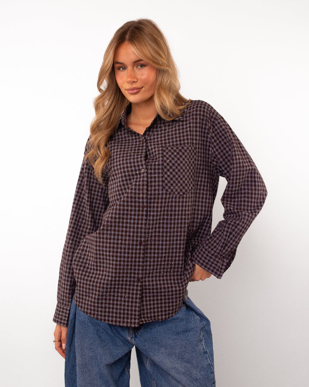 Ruitblouse met strass donkerbruin