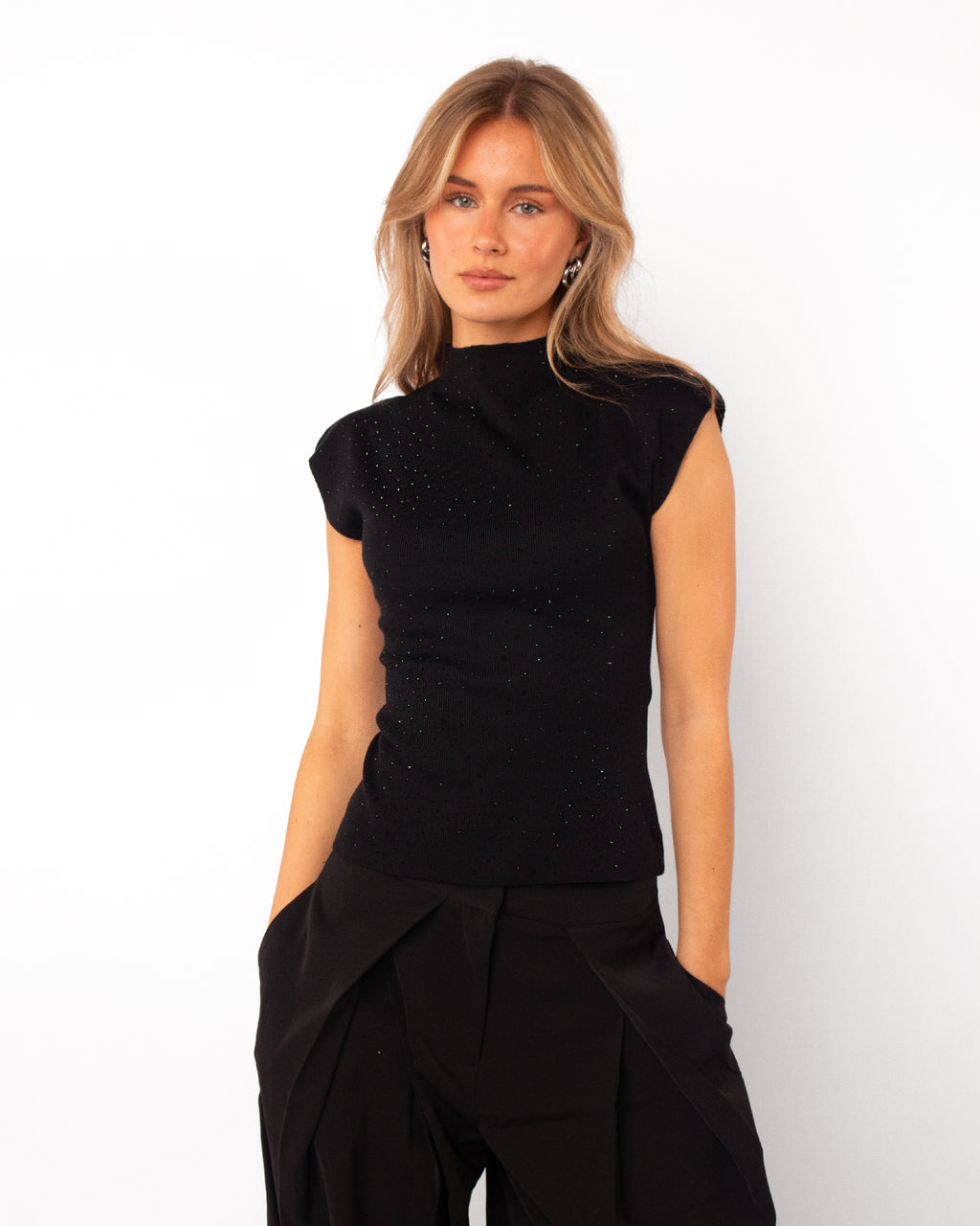 Top met hoge hals strass zwart