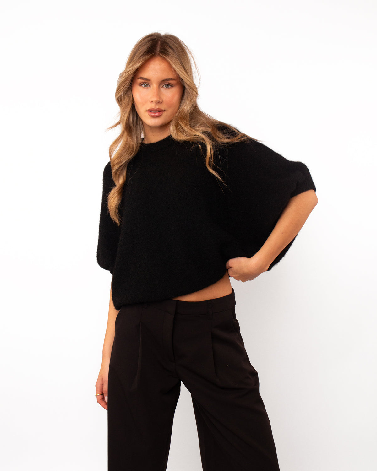 Knitted trui korte mouw zwart