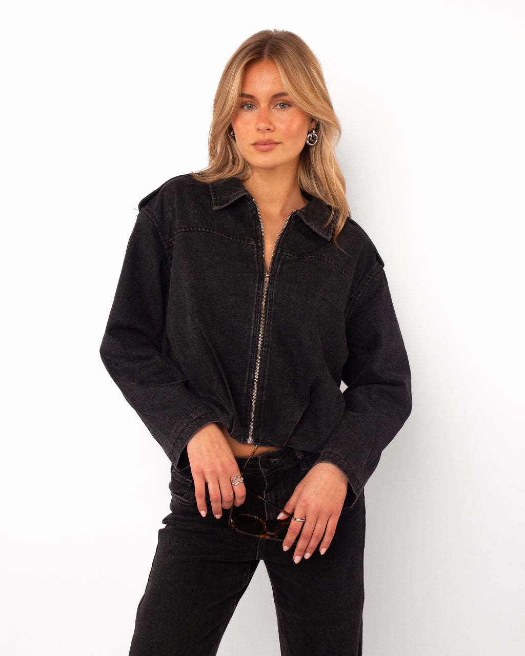 Denim jacket met kraag zwart