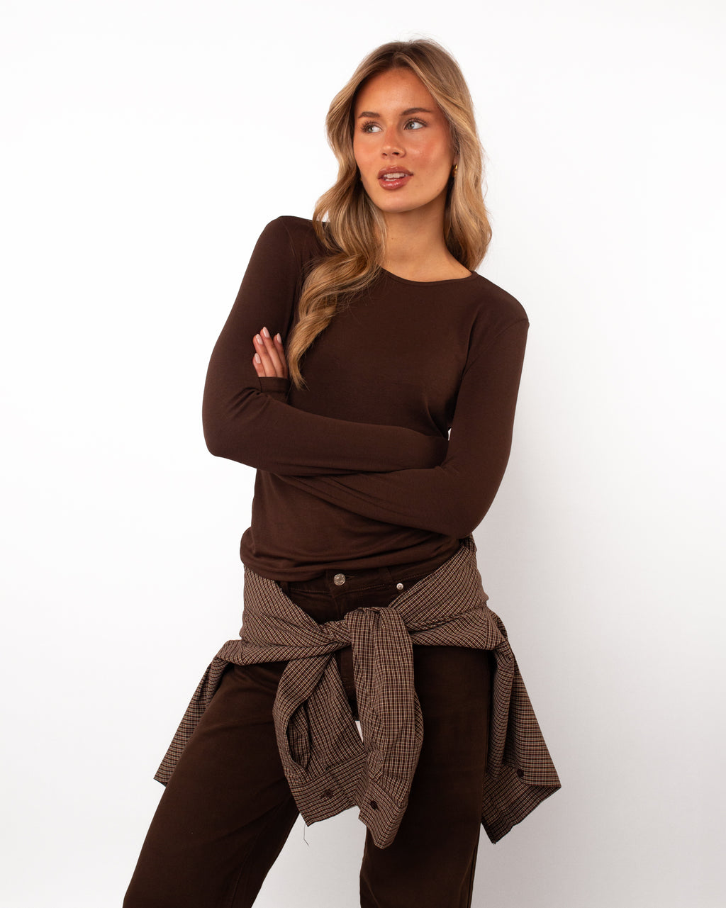 Basic shirt met lange mouwen donkerbruin