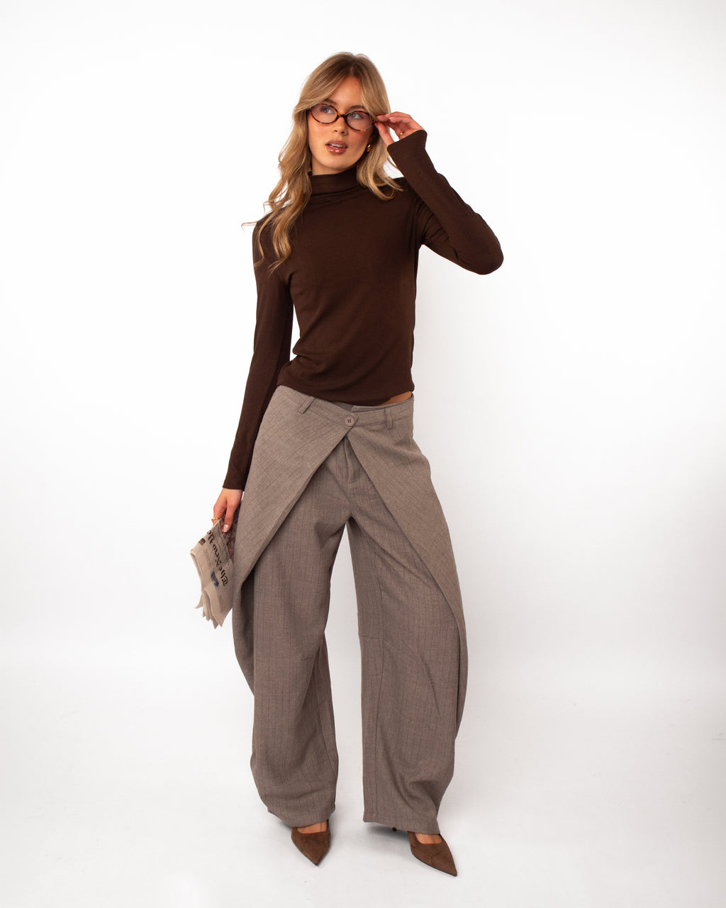 Pantalon krijtstreep double waist taupe