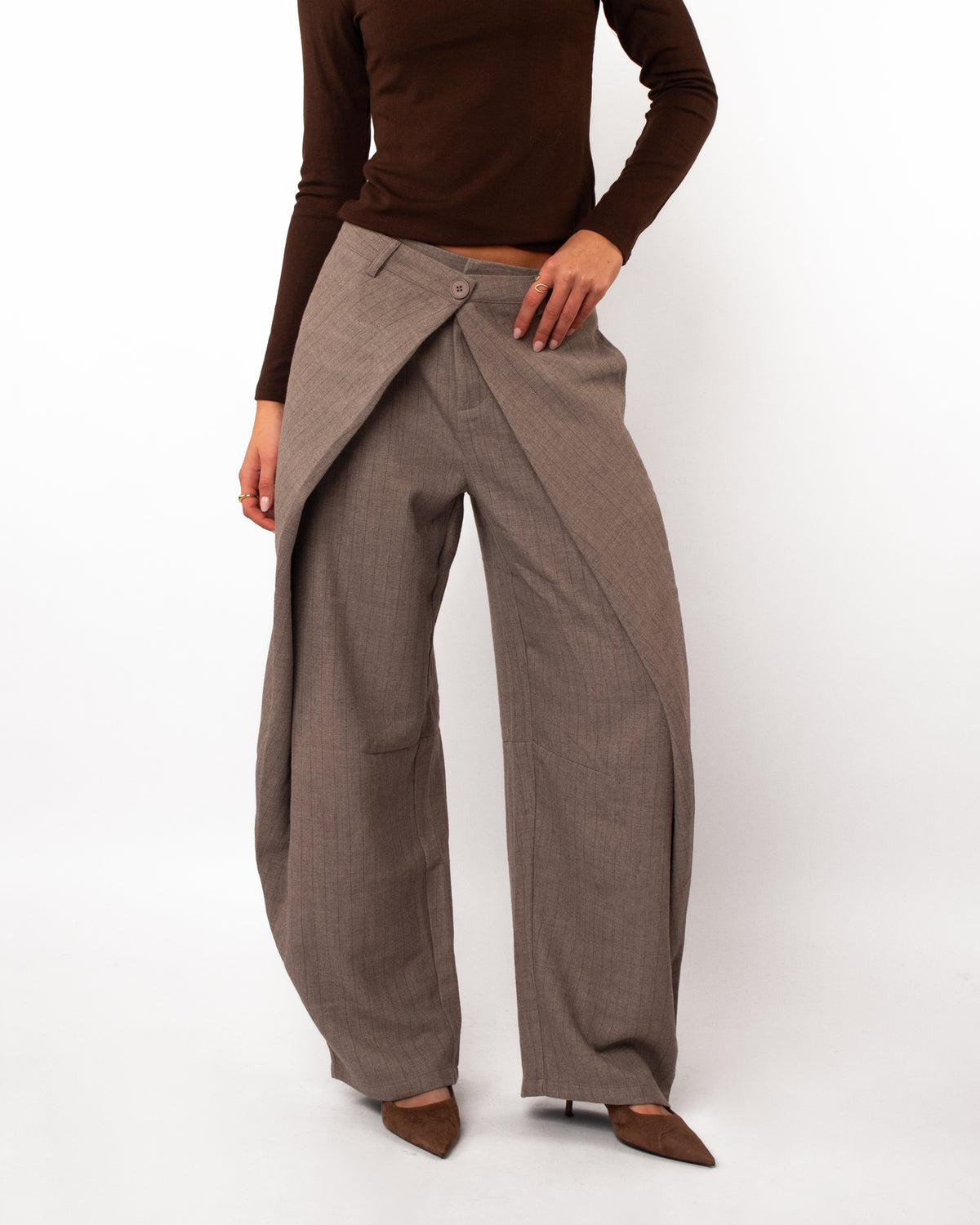 Pantalon krijtstreep double waist taupe