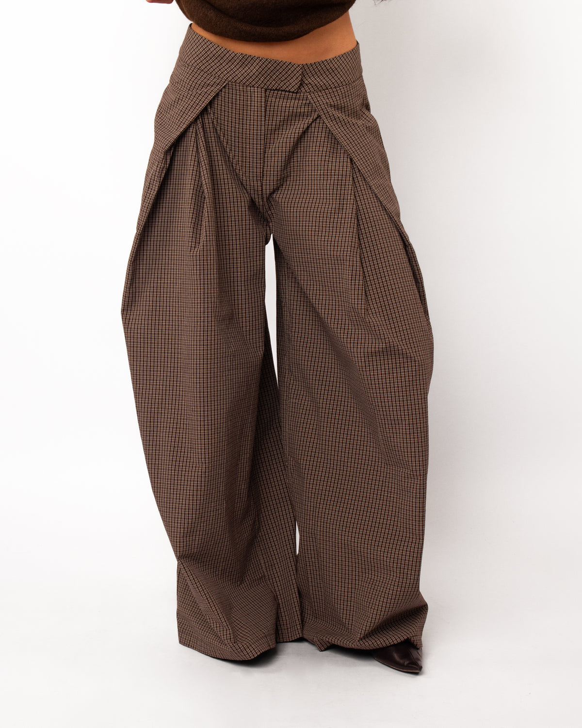 Geruite wide leg pantalon bruin