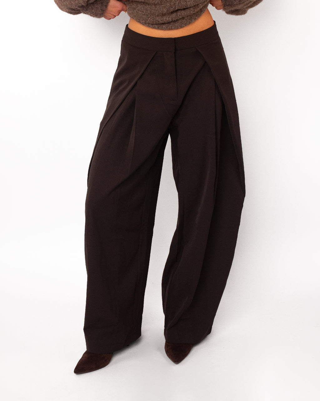 Pantalon wide leg met plooi donkerbruin